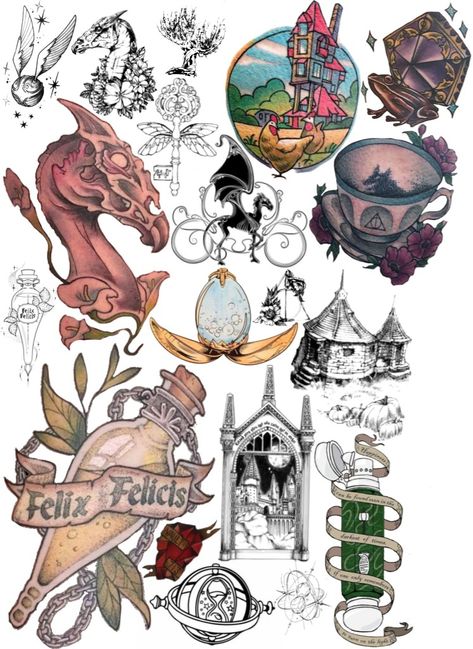 Harry Potter Tea Cup Tattoo, Harry Potter Neo Traditional Tattoo, Triwizard Cup Tattoo, Hagrid Umbrella Tattoo, Hagrids Hut Tattoo, Chocolate Frog Tattoo, Felix Felicis Drawing, Weasley Tattoo, Hagrid Tattoo