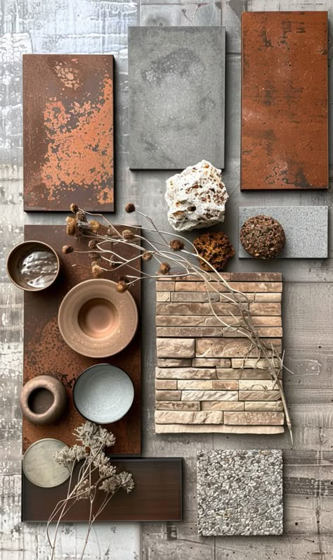 Moodboard materials terrace rustic Rustic Style Mood Board, Rustic Material Board, Modern Rustic Mood Board, Terrace Moodboard, Industrial Material Board, Urban Moodboard, Rustic Terrace, Rustic Mood Board, Material Color Palette