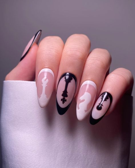 Chess nails ♟️ —— #nailart #chessnails #nails Chess Board Nails, Book Inspired Nails Designs, Train Nail Art, Chess Nails Design, James Bond Nails, Chess Nail Art, Nails With Writing, Playing Cards Nails, Math Nails