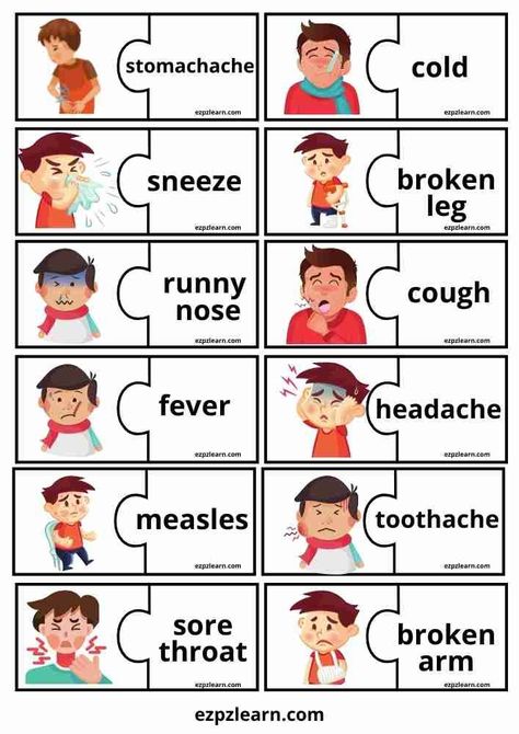 Free Printable Puzzle Match With Vocabulary Topic Health Problem For ESL Teachers Esl Flashcards Free Printable, Health Problems Worksheet, Health Vocabulary, Free Printable Puzzles, English Activities For Kids, Learning English For Kids, Health Activities, Flashcards For Kids, Esl Teachers