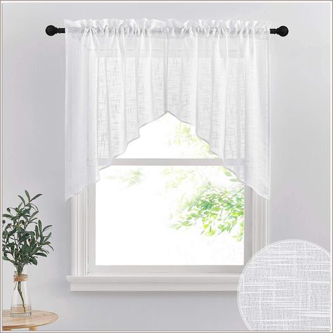 RYB HOME Window Topper Curtains - Short Kitchen Curtains and Valances Set, Privacy White Linen Sheer Swag Curtains, Semi Sheer Bathroom Curtains Tiers for Small Window, Wide 36 x Long 36 inch, 1 Pair Curtains Short, Short Kitchen, Half Window Curtains, Kitchen Curtains And Valances, Sheer Valances, Bathroom Window Curtains, Window Toppers, Swag Curtains, Sheer Linen Curtains