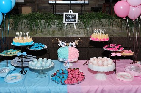 Gender reveal dessert table Gender Reveal Cake Table, Gender Reveal Dessert Table, Cake Table Ideas, Gender Reveal Dessert, Gender Reveal Food, Gender Reveal Party Food, Simple Gender Reveal, Baby Gender Reveal Party Decorations, Gender Reveal Party Games