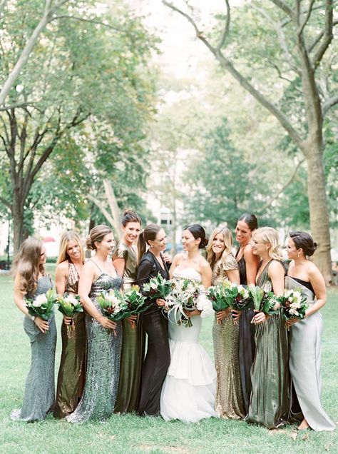 Every Bridal Party Question You've Ever Had, Answered Mismatched Green Bridesmaid Dresses, Olive Green Bridesmaid Dresses, Mix Match Bridesmaids, Olive Green Weddings, Candlelit Wedding, How Many Bridesmaids, Green Wedding Dresses, Mismatched Bridesmaids, Mismatched Bridesmaid Dresses