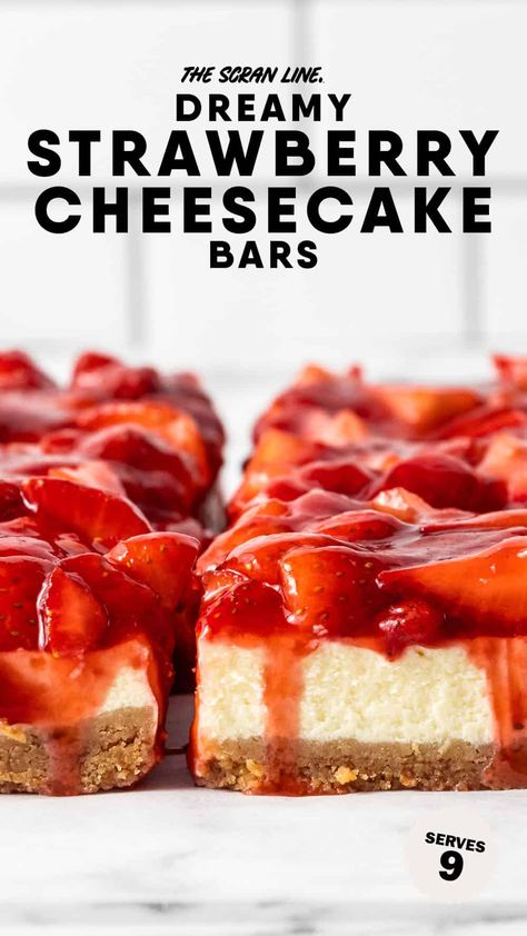 Strawberry Cheesecake Bars Cheesecake Recipes Bars, Baked Cheesecake Bars, Strawberry Cheesecake Dessert Recipes, 9x13 Cheesecake, Easy Strawberry Cheesecake Recipes, Strawberry Cheesecake Squares, Homemade Strawberry Cheesecake, Easy Cheesecake Bars, Cheesecake Bars Recipes