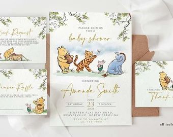 Winnie the Pooh Gender Reveal | Etsy Pooh Invitation, Baby Shower Invites Neutral, Winnie The Pooh Baby Shower, Classic Winnie The Pooh, Baby Shower Templates, Type Font, Pooh Baby, Gender Reveal Invitations, Baby Shower Diapers