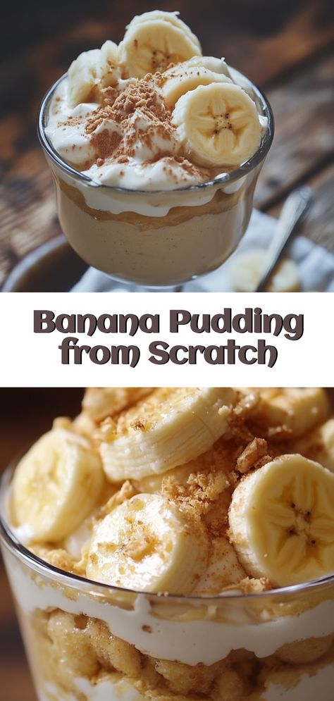 Craving a classic dessert with a homemade touch? Dive into this Banana Pudding from Scratch! Creamy layers of silky custard, ripe bananas, and crisp wafers come together to create a nostalgic delight. Perfect for gatherings or a cozy night in, this recipe will surely bring a smile to anyone's face. Its rich flavor and comforting appeal make it an irresistible choice for dessert lovers. Whip it up and savor the delicious goodness, turning any moment into a sweet celebration! Soul Food Banana Pudding Recipe, Hot Banana Pudding Recipe, Healthy Banana Pudding Recipe, Cold Banana Pudding Recipes, Old Fashion Banana Pudding From Scratch, Puddings Easy Desserts, Cooked Banana Pudding, Eagle Brand Banana Pudding, Home Made Banana Pudding