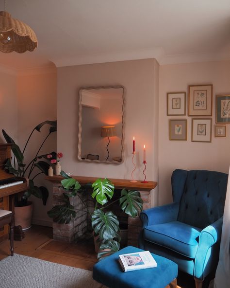 Photos from around my cosy living room ~ it’s open plan, but split into two rooms by our staircase ✨ #interiordesign #interiordecor #homedecor #colourfulhome #interiorlove #livingroomdecor #slowlife #midcentury #cozyhome #livingroom #victorianterrace #home Upright Piano Decor, Wiggle Mirror, Brick Fireplace Decor, Cosy Dining Room, Piano Living Rooms, Reading Nook Decor, Piano Decor, Nook Decor, Dining Room Blue