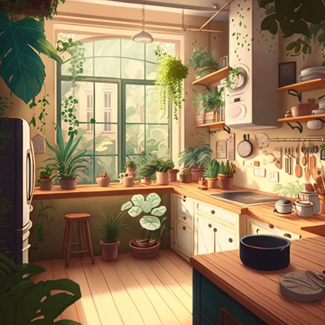 Calm, filtered light, house plants dangling from every surface, warm and inviting, a cream kitchen with wooden surfaces, cosy and serene Kitchen Illustration Art, Coffee Table Modern Farmhouse, Living Room Illustration, Kitchen Background, Elevated Home, Anime House, Comfort Art, Kitchen Drawing, Cosy Kitchen