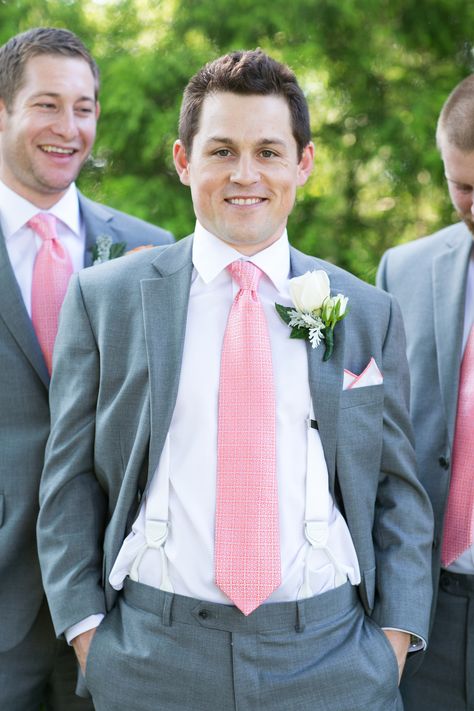 Groom in a Gray Suit and a Pink Tie with Groomsmen Black Suit With Pink Tie, Black Suit Pink Tie, Charcoal Groomsmen, Grey Suit Pink Tie, Suit With Pink Tie, Wedding Suits Men Indian, Boys Homecoming Outfits, Pink Groomsmen, Grey Dress Shirt