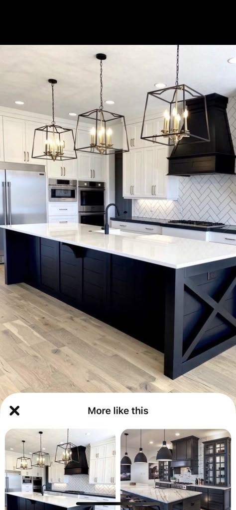 Black Island Farmhouse Kitchen, Kitchen Backsplash With White Cabinets Black Island, Back And White Kitchen, Black Islands In White Kitchens, Black Cabinets White Walls Kitchen, White Countertops Black Island, White Kitchens With Black Islands, Black Island White Cabinets Farmhouse, Black Center Island Kitchen