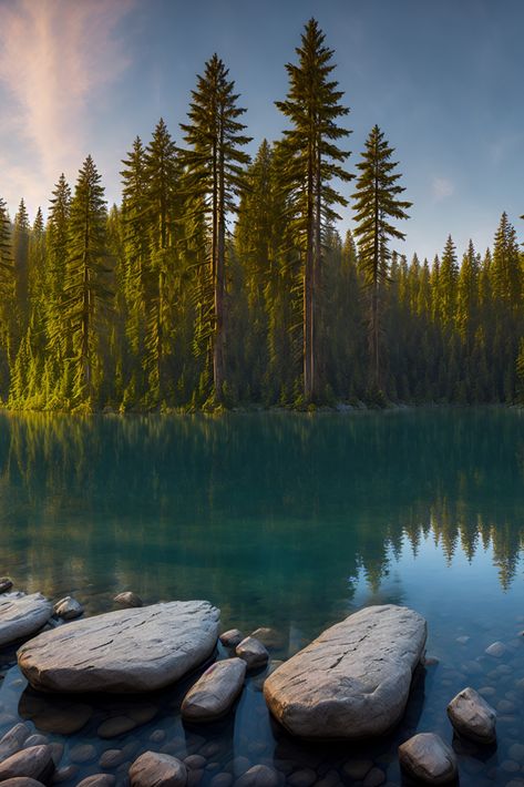 A Peaceful Lake Surrounded By Tall Trees, Ai Generated Image Tree Images, Tree Photography, Fantasy Castle, Tall Trees, Blue Tree, Nature Tree, Pencil Portrait, Mountain Lake, Graphic Design Print