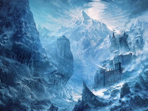 Mountains of Chill Shock | You Can Always Roll For It Wiki | FANDOM powered by Wikia Frozen Mountains Fantasy Art, Jotunheim Aesthetic, Mountain Castle, Snow Castle, Sci Fi Landscape, Heroic Fantasy, Rpg Map, 다크 판타지, Fantasy City