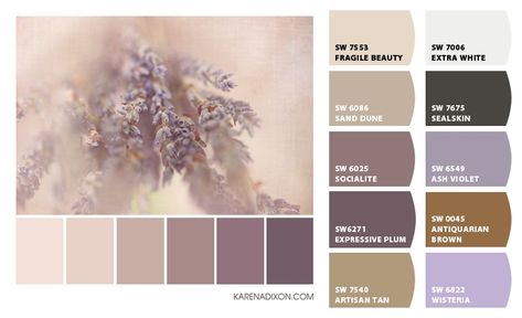 Mink Colour Palette, Romantic Bedroom Paint Colors, Lilac Office, Lavender Color Palette, Color Palate, Design Seeds, Natural Home Decor, Trik Fotografi, Color Theme