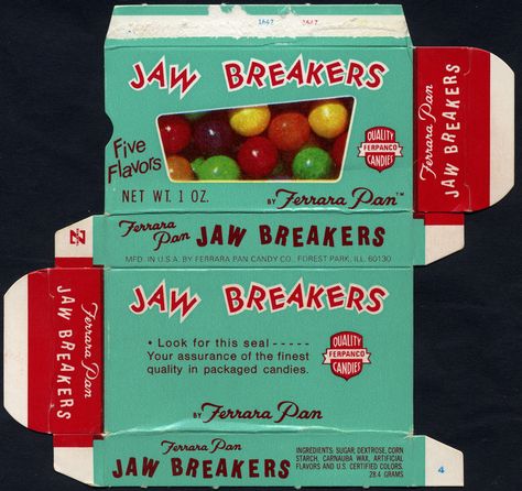 Ferrara Pan - Jaw Breakers -look for this seal- candy box - 1970's Grape Candy, Pool Snacks, 70s Memories, Old School Candy, Teenage Memories, Old Candy, Snack Shack, Old Fashioned Candy, Candy Labels