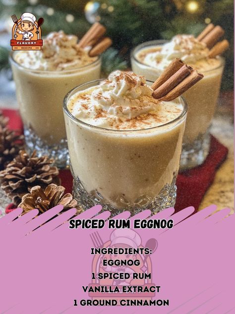 🎄✨ Cozy up with a glass of Spiced Rum Eggnog – a festive twist on a classic holiday drink! #Cheers #EggnogLove 🍹 Spiced Rum Eggnog Ingredients: - 4 cups eggnog - 1/2 cup spiced rum - 1 tsp vanilla extract - 1/2 tsp ground cinnamon - 1/4 tsp ground nutmeg - Whipped cream and cinnamon sticks for garnish Instructions: 1. In a saucepan, heat eggnog, rum, vanilla, cinnamon, and nutmeg over medium heat. 2. Stir frequently until heated through, but do not boil. 3. Pour into mugs and top with whip... Rum And Eggnog Drink, Spiked Egg Nog, Spiced Rum Drinks, Eggnog With Rum, Eggnog Coffee, Eggnog Cupcakes, Eggnog Drinks, Holiday Drink, Egg Nog