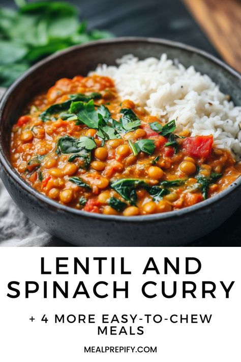 A hearty lentil and spinach curry served in a bowl, accompanied by a side of rice for a fulfilling meal. Meal Prep For Seniors, Recipes For Seniors, Meals For Seniors, Senior Meals, Chicken Vegetable Stew, Whole Wheat Crackers, Salmon And Sweet Potato, Mediterranean Quinoa Salad, Meal Prep For Beginners