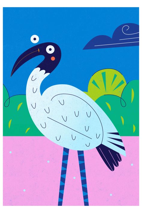 A fine art print of a happy little ibis (famously known as a bin chicken). This illustration is printed on 300 GSM fine art archival cotton rag paper. I use high quality inks with a 10 colour system to ensure the prints are vibrant, bright and archival quality. This print is signed on the front by me (Sofia Varano). Available in A6, A5, A4 and A3+ Ibis Art, Bin Chicken, Kids Museum, Information Report, Clay Bird, Art Gouache, Maximalist Wall, Maximalist Wall Art, Free As A Bird