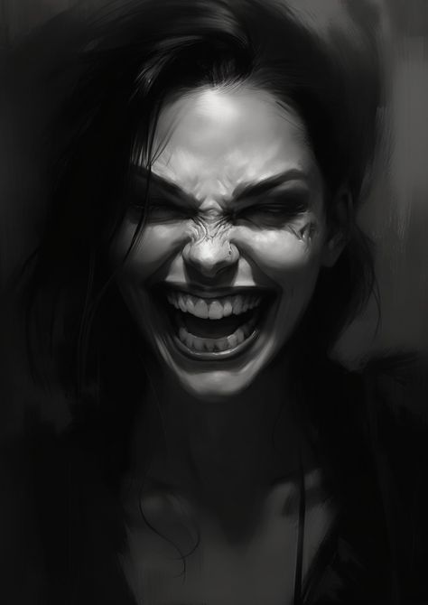 Black and white painting of beautiful woman with evil smile, exaggerated expression, happy, female model Evil Woman, Facial Expressions Drawing, Baba Jaga, Dark Portrait, Face Drawing Reference, Brain Dead, Horror Tattoo, Drawing Expressions, Whisper White