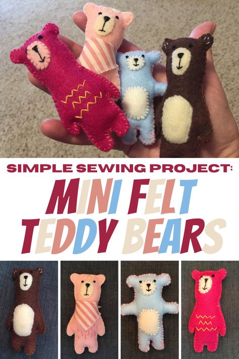 Felt Sewing Tutorial, Simple Bear Pattern, Hand Sewing Felt Projects, Simple Easy Sewing Projects, Sewing Mini Projects, Felt Hand Sewing Projects, Simple Felt Animals, Felt Embroidery Projects Ideas, Felt Kids Crafts