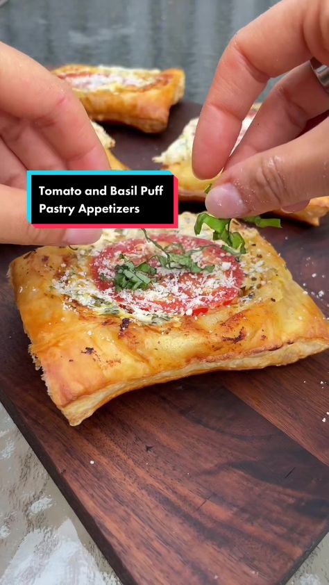 Tomato And Cream Cheese Puff Pastry, Puff Pastry And Tomatoes, Tomato And Basil Cream Cheese Puffs, Tomato Basil Cream Cheese Puff Pastry The Spruce Eats, Tiktok Puff Pastry, Puff Pastry Pesto Pizza, Puff Pastry And Tomatoe, Tomato Basil Puff Pastry Tart, Tomato And Basil Puff Pastry