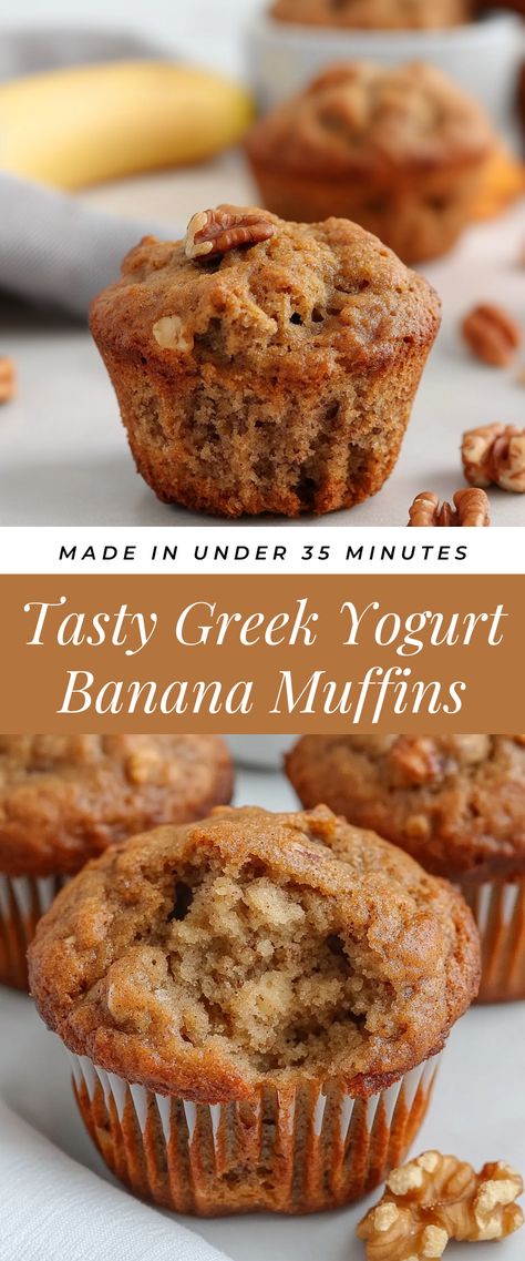 Image for Tasty Greek Yogurt Banana Muffins How To Make Protein Muffins, Healthy Recipes Greek Yogurt, Recipe Using Plain Greek Yogurt, Banana Healthy Snack, Healthy Peach Muffins Greek Yogurt, What To Add To Greek Yogurt, Things To Make With Vanilla Greek Yogurt, Easy Protein Banana Muffins, Whipped Greek Yogurt Dessert