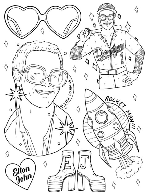 Elton John Coloring Page, Elton John Embroidery, Elton John Cartoon, Elton John Inspired Tattoos, Tiny Dancer Tattoo Elton John, Cat Kingston Tattoo, Rocketman Tattoo, Elton John Drawing, Elton John Tattoo Ideas