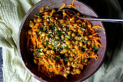 carrot salad with tahini and crisped chickpeas – smitten kitchen Salad With Lemon, Crispy Chickpeas, Eat Salad, Carrot Salad, Smitten Kitchen, Roasted Chickpeas, Veggie Sides, Chickpeas, Tahini