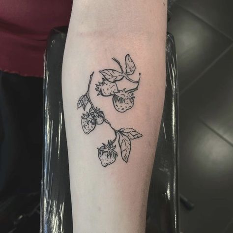 Strawberry Branch Tattoo, Strawberry Stamp Tattoo, Wild Strawberry Tattoo, Strawberry Plant Tattoo, June Tattoos, Strawberry Tattoo Design, Strawberry Vine Tattoo, Tattoo Fruit, Fruit Tattoos