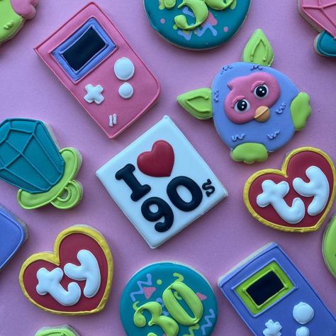 90s Sugar Cookies, 90s Theme Cookies, Y2k Cookies, 90s Cookies Decorated, 90s Cookies, 2000s Theme Party, Cartoon Cookie, 30th Birthday Bash, Cookie Crisp