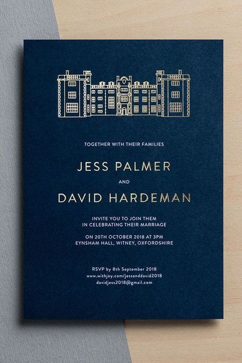 Wedding Stationery Trends 2020 - Navy | Foil Wedding Invitations - Navy and gold are a striking combination. This colour scheme can perfectly complement the vivid natural colours and has an unparalleled elegance with our Modern Venue illustration design.   #WeddingInvitations #WeddingStationery #WeddingVenue #GoldFoil Formal Invitation Card Design, Invitation Event Design, Invite Design Ideas, Invitation Letter Design, Blue Invitation Card, Wedding Invitations Illustration, Elegant Invitation Card, Corporate Invitation Design, Luxury Typography