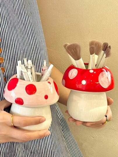 Ceramic Makeup Organizer, Clay Yarn Holder, Pastel Color Office, Clay Organizer, Clay Pen Holder, Ceramic Organizer, Ceramic Brush Holder, Ceramic Pen Holder, Mushroom Storage