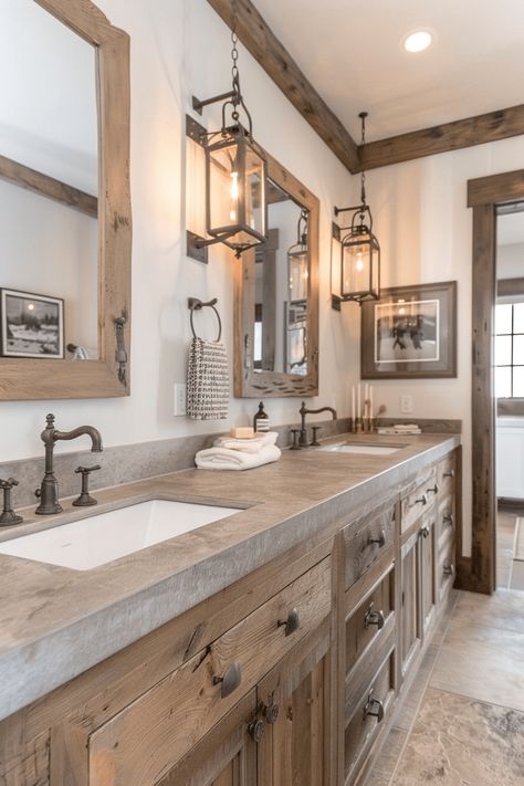 45+ Creative Farmhouse Bathroom Ideas for a Timeless Look Farmhouse Master Bath, Modern Farmhouse Bathroom Decor, Farmhouse Bathroom Ideas, Rustic Farmhouse Bathroom, Double Sinks, Cabin Bathrooms, Rustic Bathroom Designs, Bathroom Farmhouse Style, Modern Farmhouse Bathroom