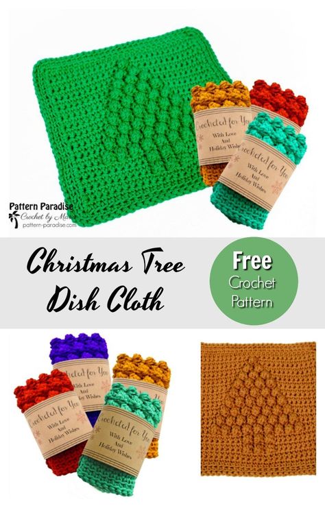 Free Crochet Pattern: Christmas Tree Dish Cloth | Pattern Paradise Crochet Christmas Mug Rugs Patterns Free, Free Crochet Pattern Christmas, Christmas Dishcloth, Dish Cloth Pattern, Potholders Crochet, Crochet Pattern Christmas Tree, Crochet Towels, Crocheted Dishcloths, Crochet Dish Cloth Free Pattern