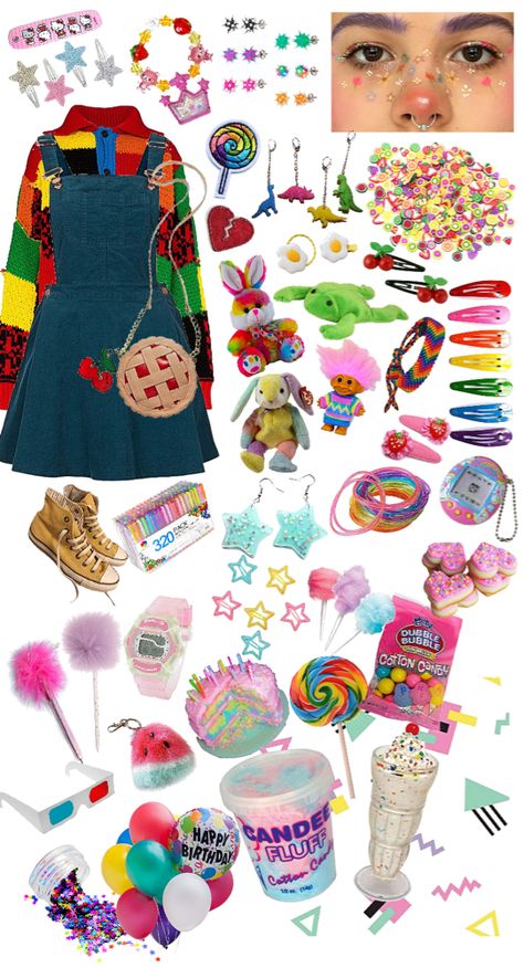 90s Kidcore Outfit, 80s Core Outfits, Dream Core Clothes, Dreamcore Accessories, Kidcore Outfits Aesthetic, Weirdcore Outfit Ideas, Rainbow Core Outfit, Dream Core Outfits, Rainbow Aesthetic Outfit