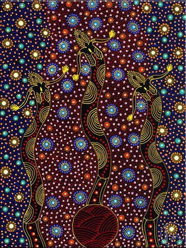 Dreamtime Sisters by Colleen Wallace Nungari, 2008. Depicts the ancestral spirit figures Irrernte-arenye (Dreamtime sisters) of the Eastern Arrernte Aboriginal people in Central Australia Central Australia, Aboriginal Dot Painting, Indigenous Australian Art, Aboriginal Dot Art, Aboriginal Painting, Aboriginal People, Aboriginal Artwork, Aboriginal Artists, Australian Art