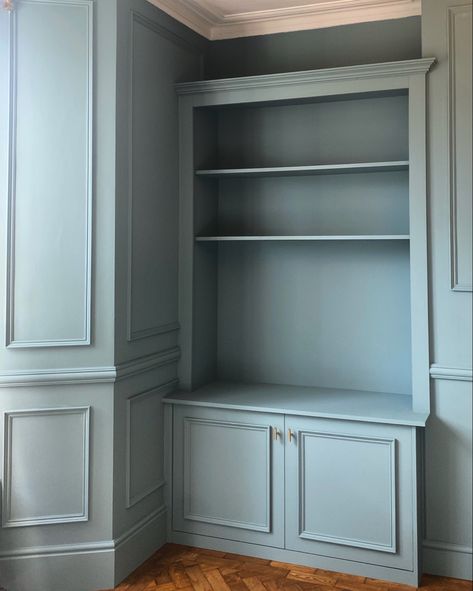 Alcove Bookshelves, French Blue Paint, Alcove Ideas Living Room, Alcove Shelves, Alcove Shelving, Oak Parquet, Blue Shelves, Oval Room Blue, Painted Floor