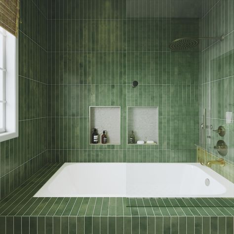 Merola Tile Phoenix Green 1-7/8" x 17-3/4" Porcelain Floor and Wall Tile - Bed Bath & Beyond - 40234728 Dark Green Tile, Bathroom Tub Shower Combo, Green Subway Tile, Green Tile Bathroom, Shower Backsplash, Subway Tiles Bathroom, Bathroom Tub Shower, Fireplace Facade, Bathtub Tile