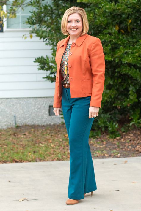 Savvy Southern Chic: Rust and teal Rust And Teal Outfit, Teal Pant Outfits, Outfits With Teal Pants, What To Wear With Teal Pants, Teal Dress Pants Work Outfits, Teal Pants Outfit Work, Teal Blouse Outfit, Teal Cardigan Outfit Fall, Office Outfit For Women