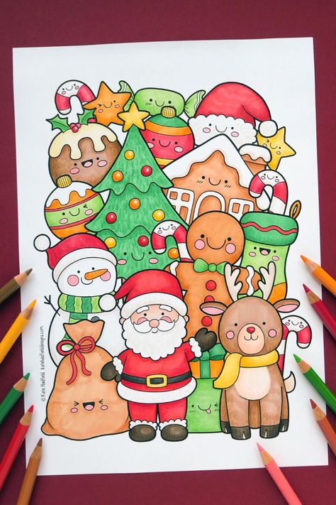 A free printable colouring page for you to create your own super cute Christmas drawing! This is a really fun coloring project for both kids and adults alike (that also makes lovely handmade Christmas cards)! Christmas Drawings For Kids, Special Drawings, Eid Sweets, Christmas Kawaii, Easy Christmas Drawings, Kawaii Doodle, Christmas Colouring, Handmade Christmas Cards, Kawaii Christmas