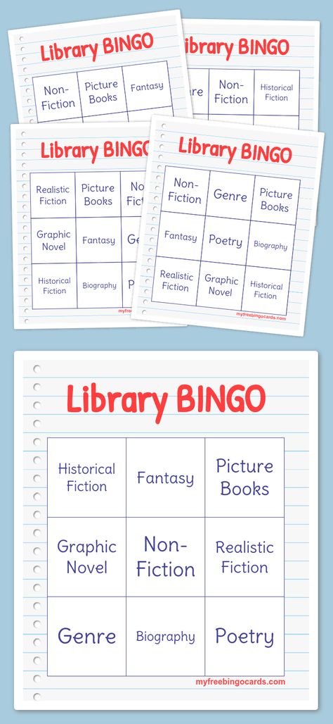 Library BINGO Library Bingo, Coping Skills Bingo, Bingo Pictures, Bingo Free Printable, Free Printable Bingo Cards, Free Bingo Cards, Fantasy Poetry, Realistic Fiction, Therapy Games