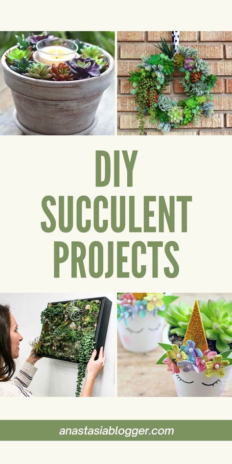 Here is a list of 15 fun DIY succulent projects - whether you're doing something unique for a present or simply want to add more succulents to your home. #decor #gardening #diy Succulent Candle Centerpiece, Diy Gardening Ideas, Succulent Projects, Farmhouse Floral Decor, Bathroom Plants Decor, Succulent Wreath Diy, Bedroom Plants Decor, Succulent Frame, Projects For Home