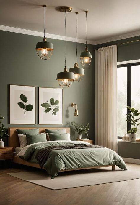 25 Gorgeous Sage Green & Cream Bedroom Ideas You'll Love 19 Sage And Oak Bedroom, Dream Room Inspiration Green, Dark Green And Taupe Bedroom, Green Palette Bedroom Ideas, Cafe Style Bedroom, Natural Green Bedroom Ideas, Sage And Ivory Bedroom, Moody Sage Green Bedroom, Sage Green And Gold Bedroom Ideas