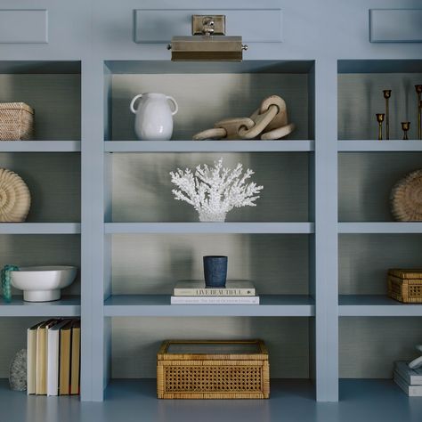 The most calming shade of blue 🌊 Design @gable_interiors 📷 @mariadeforrest #officerenovation #officedesign #bluecabinets #interiordesign #interiordesigner #bethanybeach #coastaldelaware Painted Woodwork, Blue Bookcase, Blue Shelves, Bethany Beach, Office Renovation, Cream Walls, Shade Of Blue, Garage Conversion, Blue Cabinets