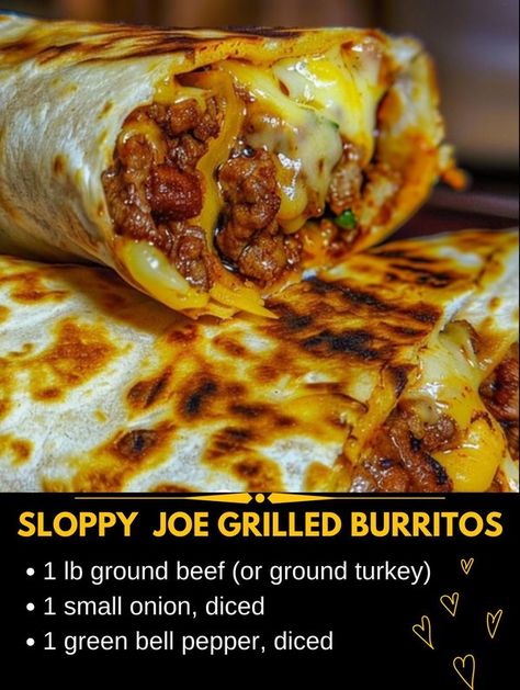 Recipes on a budget | # **SLOPPY JOE GRILLED BURRITOS** | Facebook Grilled Burritos, Braised Steak, Homemade Cake Recipes Chocolate, Recipes On A Budget, Ground Beef And Potatoes, Baked Dinner, Green Bell Pepper, Burritos Recipe, Oven Chicken