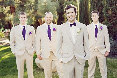 Cream/tan and purple tuxedos for groom and groomsmen/bridesmen Gray Suit Purple Tie, Tan Tuxedo Wedding, Suit Purple Tie, Purple Groomsmen, Purple Tuxedo, Bermuda Wedding, Wedding Makeover, Wedding Groomsmen Attire, Purple Wedding Decorations