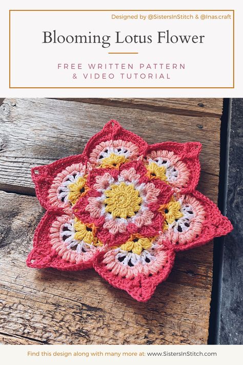 Lotus Flower Applique Pattern, Blooming Lotus Square Crochet, Lotus Granny Square, Lotus Flower Crochet Pattern, Dahlia Crochet Pattern Free, Small Crochet Mandala Free Pattern, Crochet Small Mandala, Crochet Lotus Flower Pattern, Small Crochet Mandala