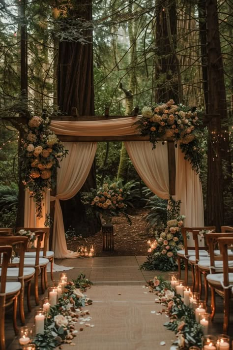 6 Unforgettable Forest Wedding Ceremonies -  #ceremonies #Forest #unforgettable #Wedding Forest Wedding Altar Ideas, Wedding In Woods Ideas, Small Enchanted Forest Wedding, Wedding Ceremony In Nature, Forest Clearing Wedding, Wedding Ceremony In Woods, Outside Wedding Ideas Outdoor Ceremony, Calm Wedding Theme, Fall Wedding Outdoor Ceremony