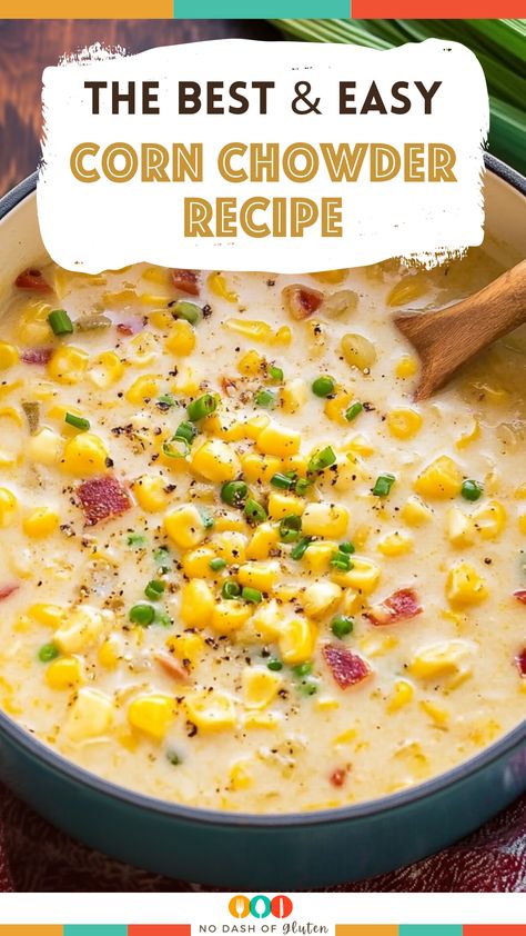 Discover the perfect bowl of comfort with this hearty Corn Chowder Recipe! Loaded with fresh corn, creamy potatoes, and crispy bacon, it’s the ideal meal to warm up your family on a chilly evening. Pin this for an easy, comforting dinner idea that everyone will love. Make it tonight and feel the warmth! Potato Corn Chowder Soup, Bacon Potato Corn Chowder, Corn Chowder Crockpot, Potato Chowder Soup, Best Corn Chowder Recipe, Potato Chowder Recipes, Easy Corn Chowder, Summer Corn Chowder, Corn Chowder Soup