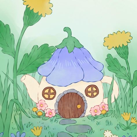 Fairy House Drawing, Cottagecore Drawing, Cottagecore Painting, Blue Widget, Fairy Drawings, Watercolor Projects, House Drawing, Diy Pottery, 판타지 아트