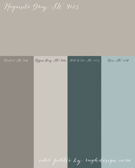 Requisite Gray Color Palette, Silver Shores Paint Color, Grey And Teal Color Palette, Teal Gray Color Palette, Cream Grey Living Room, Requisite Gray, Taupe Bathroom, Teal Paint Colors, Teal Palette